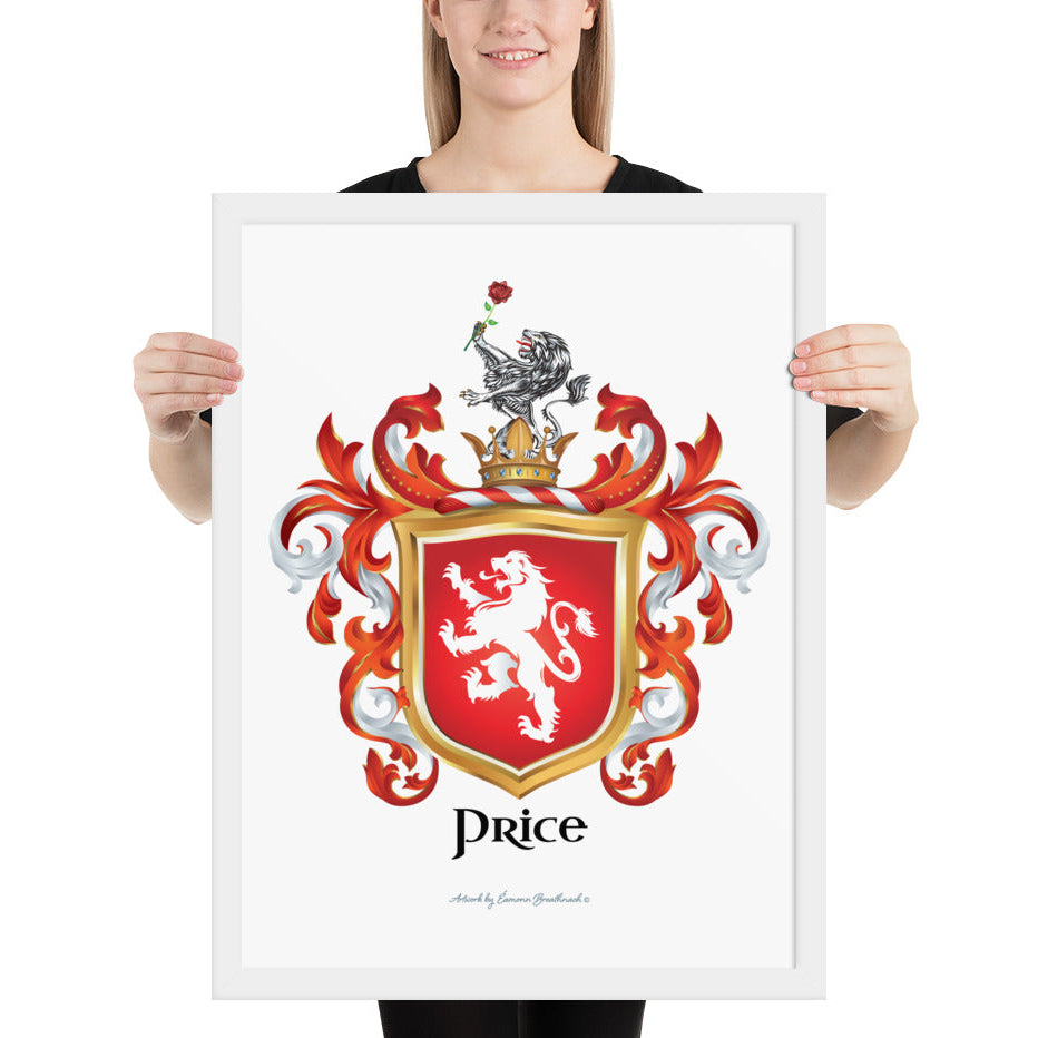 A woman standing in a white background, holding a white framed print of the Price Family Coat of Arms  featuring a white lion on a red shield.