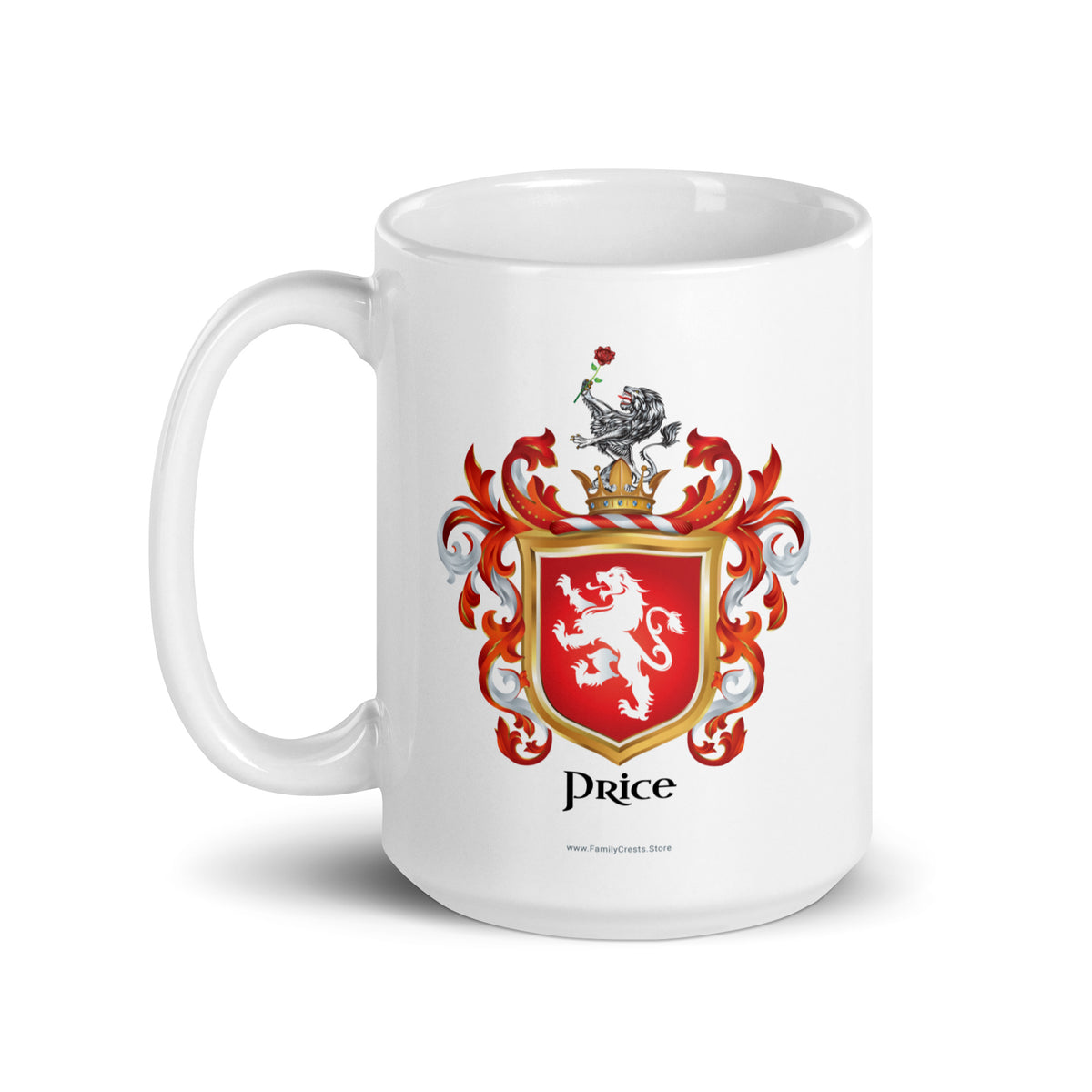 A white mug with handle to left, on a white background, printed with the Price Family Crest featuring a white lion on a red shield.