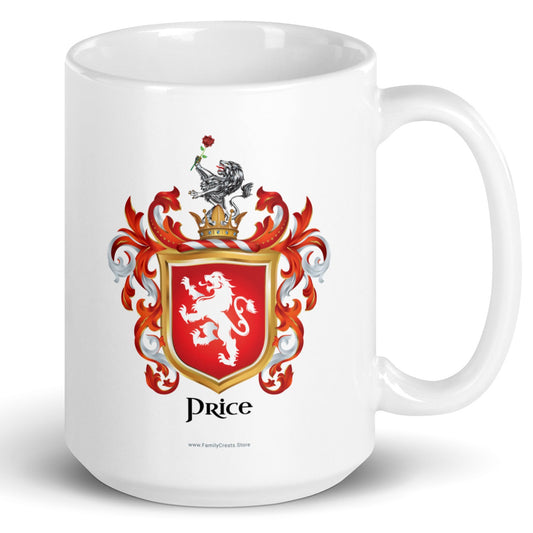 A white mug with handle to right, on a white background, printed with the Price Family Crest featuring a white lion on a red shield.