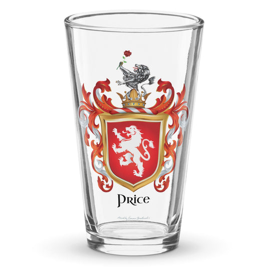 A clear classic pint beer glass on a white background, printed with the Price Family Coat of Arms  featuring a white lion on a red shield.