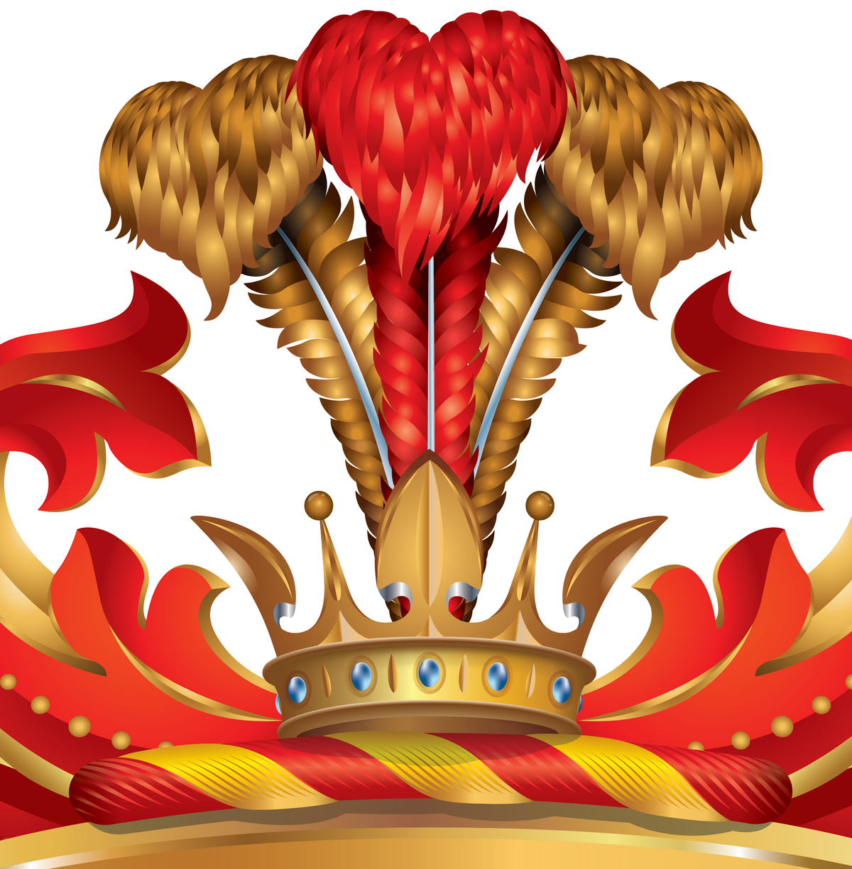 A closeup of the Ramirez coat of arms with a royal crown topped with a large ostrich feathers, set against a solid white background. 