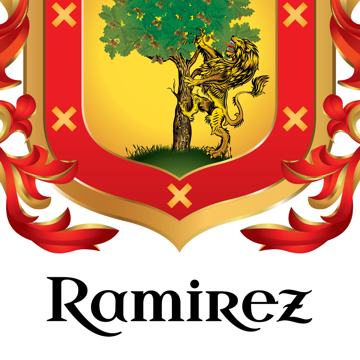 A closeup of the Ramirez coat of arms with gold background, green tree, and a golden lion, above the word 'Ramirez' in black script on a white background.