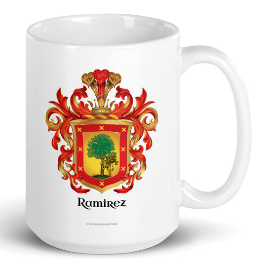 A white mug with the Ramirez Family Crest mug featuring a lion and an oak tree
