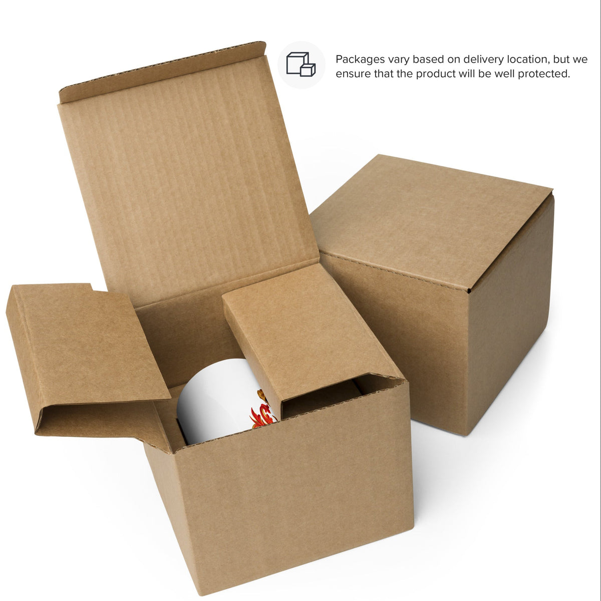 Open cardboard box with a mug inside on a white background