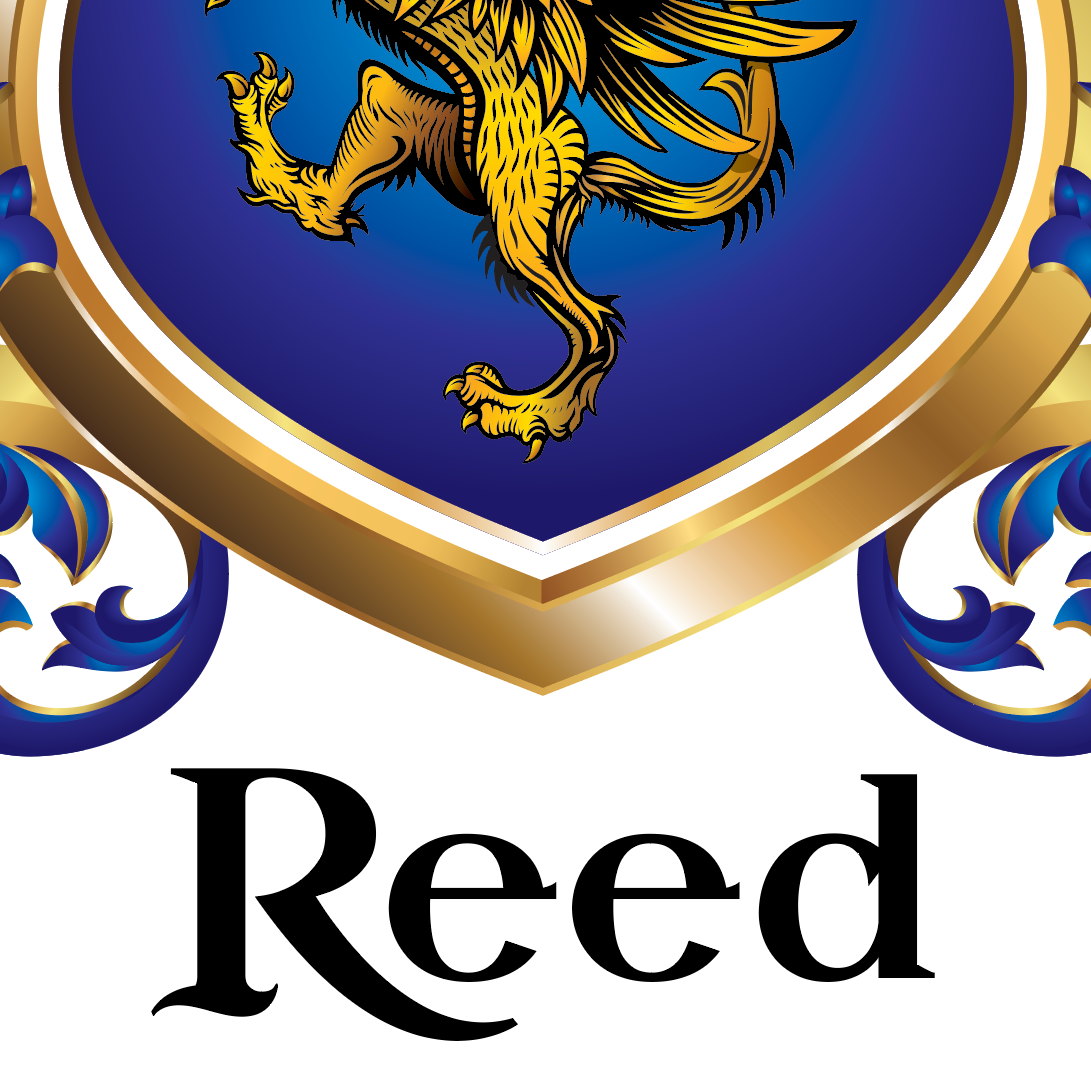 A close-up of the Reed Coat of Arms with a blue shield, gold griffin, and gold border above the name 'Reed' in black serif lettering on a white background.