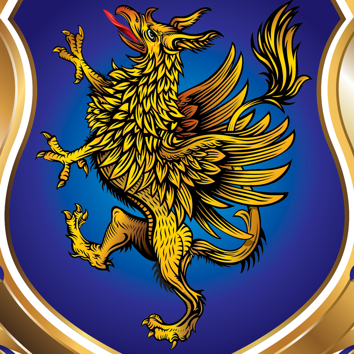 A close-up of the Reed Coat of Arms featuring a golden griffin a deep blue shield.