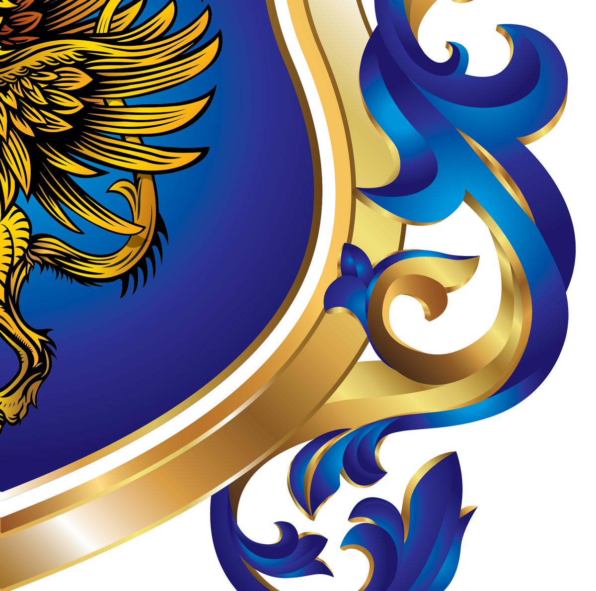A close-up of the Reed Coat of Arms featuring ornate gold and blue mantling on the right side of the blue shield, on a white background.