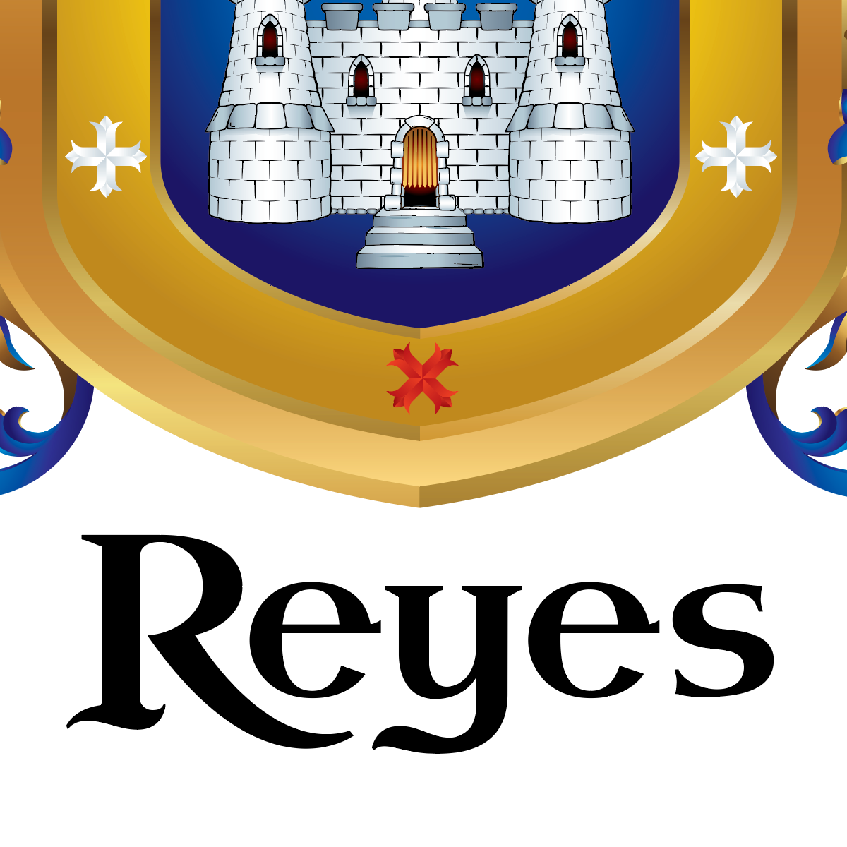 A close-up of the lower half of the Reyes Family Crest featuring a white castle on a blue field, red and white crosses around it, and the name 'Reyes' in large black heraldic script below on a white background.