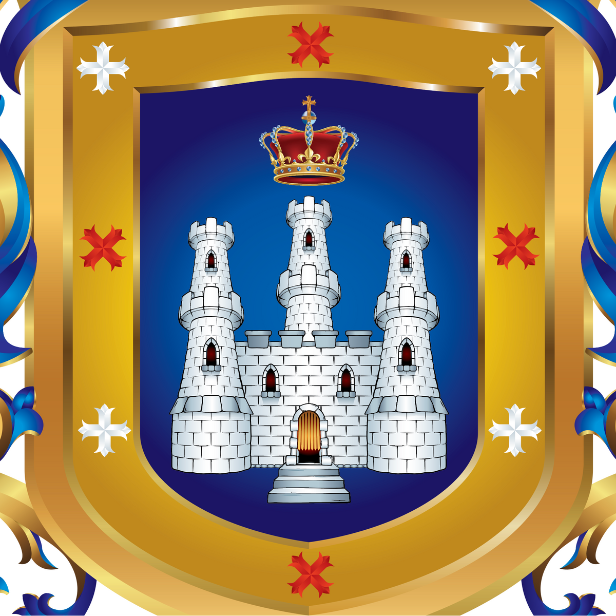 A close-up of the Reyes Family Crest with  a white castle with 3 towers, a red and gold crown, and red and white crosses around it.