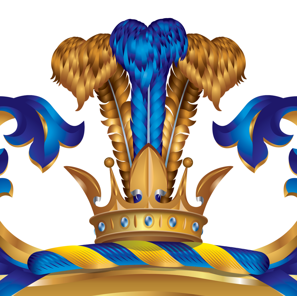 A close-up of the Reyes Family Crest featuring a gold crown with blue jewels, a central blue feather plume flanked by two large gold feathers, and blue-and-gold scrollwork on a white background.