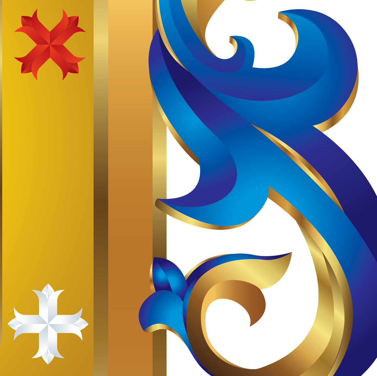A close-up of the Reyes Family Crest showing stylized blue and hold mantling to the right of the shield.