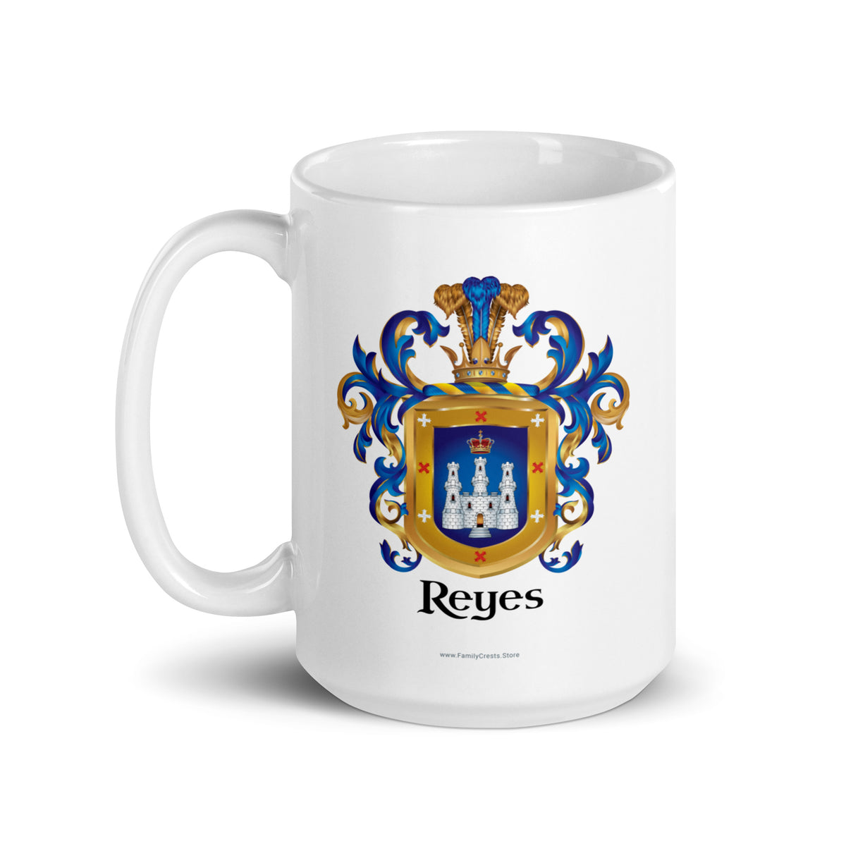 A white mug with handle on left, on a white background, printed with the Reyes Family Crest which features a blue shield with a white castle and crown.
