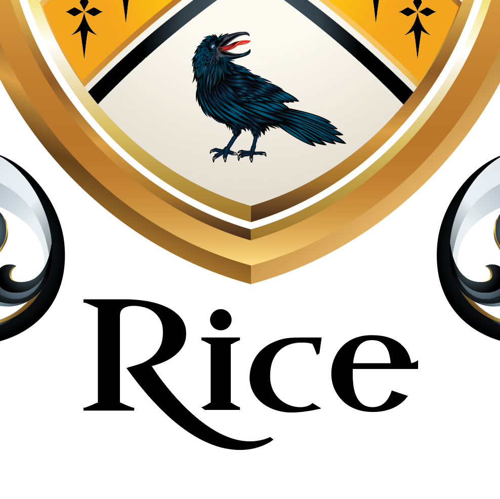 A stylized logo or emblem featuring a black raven inside a gold shield with a white center, above the word 'Rice' in large black serif lettering on a white background.