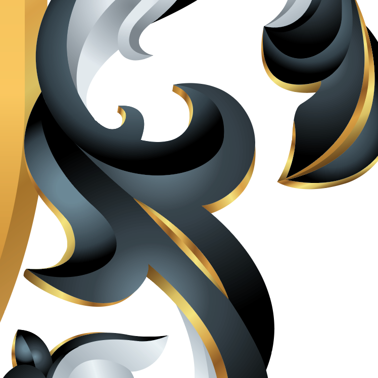 Abstract ornamental baroque-style scrollwork in black, white, and metallic gold on a white background.