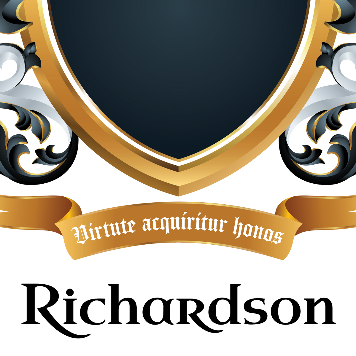 A close-up of the lower half of the Richardson Coat of Arms featuring a gold motto ribbon banner reading 'Virtute acquiritur honos,' and the name 'Richardson' in black heraldic text below on a white background.