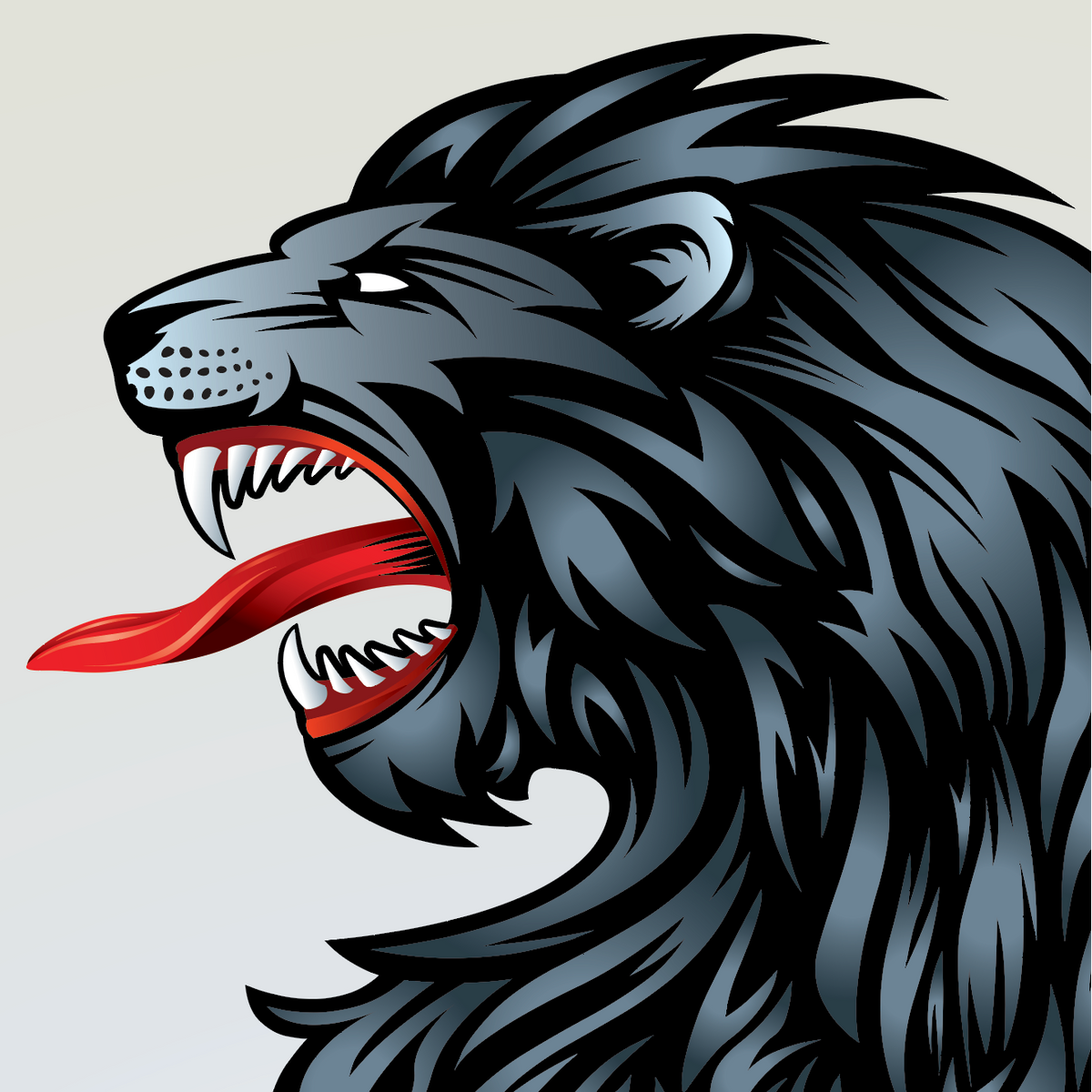 A close-up of the Richardson Coat of Arms featuring a roaring lion's head in profile, with dark gray and black fur, white teeth, and a bright red tongue, set against a light white background.