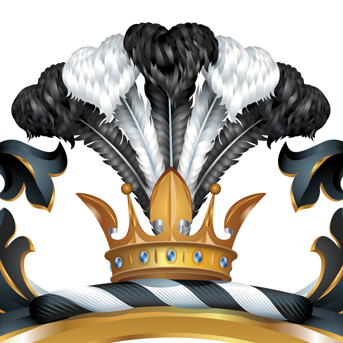 A close-up of the Richardson Coat of Arms featuring a gold crown with blue gem accents, black-and-white feathers, and black-and-gold decorative scrollwork on a white background.