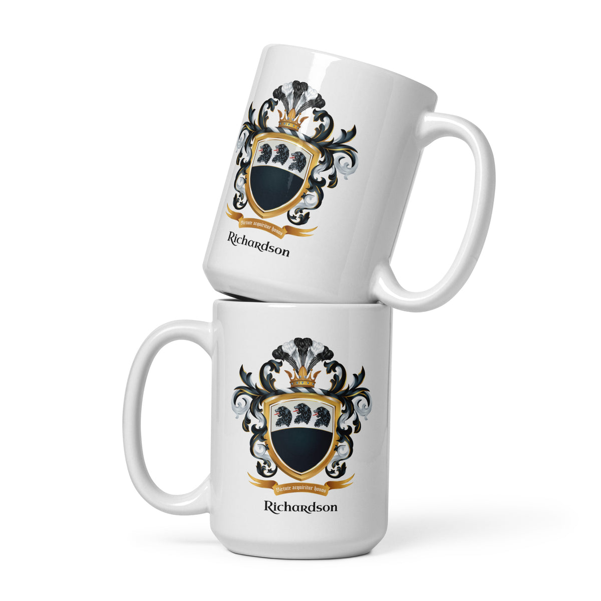 Two stacked white ceramic mugs with a black, gold, and white/silver family crest design and the name 'Richardson' printed below, shown on a clean white background.