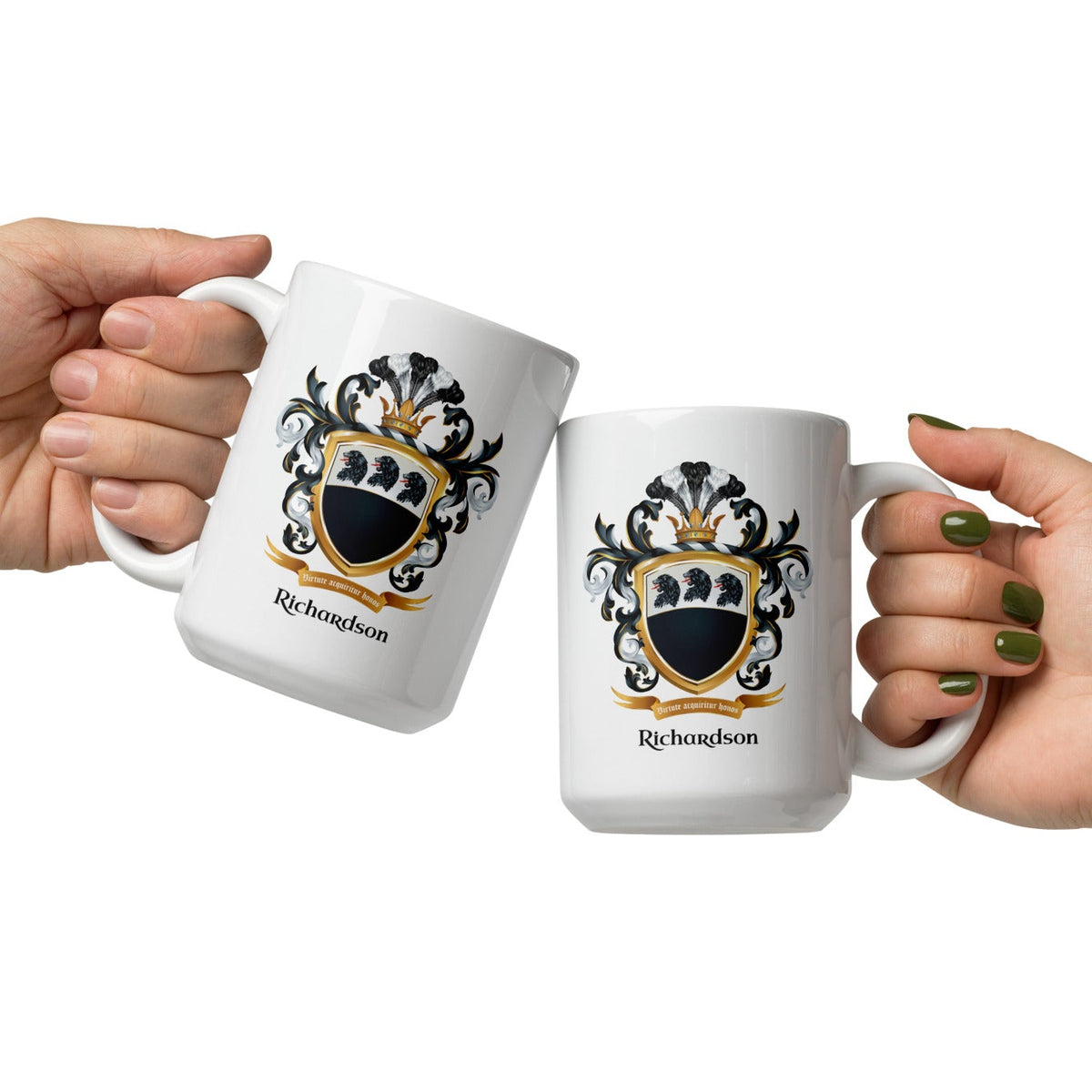 Two hands holding white mugs with black and gold Richardson crest designs on a white background