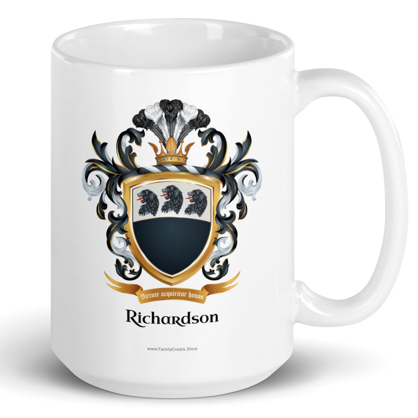 Richardson Family Crest with 3 lion heads on a white mug.