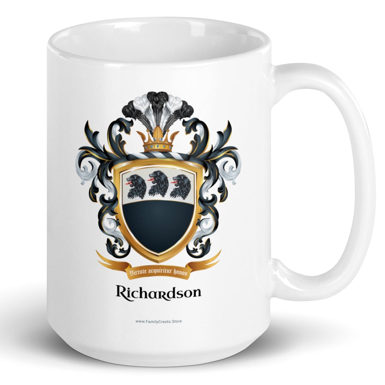 Richardson Family Crest with 3 lion heads on a white mug.