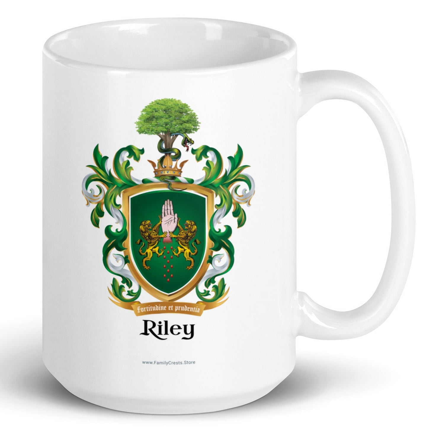 A white mug on white background with the Riley Family Crest on the front. The Riley  coat of arms on the mug has 2 lions holding a hand, a snake and a tree.