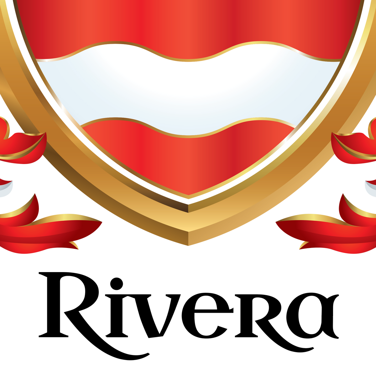 A closeup of the Rivera Family Crest showing a crest shield with red and white wavy bands, detail of red mantling ribbon accents, and the name 'Rivera' in black script below on a white background.