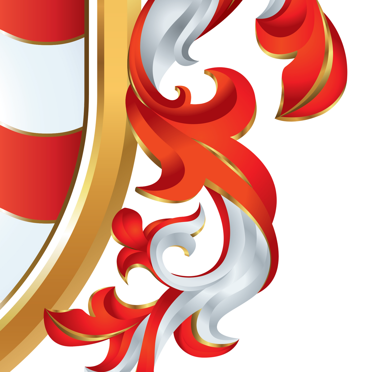 A closeup of the Rivera Family Crest.  featuring red and white curved stripes, a gold border, and ornate red, white, and gold scrollwork on a white background.