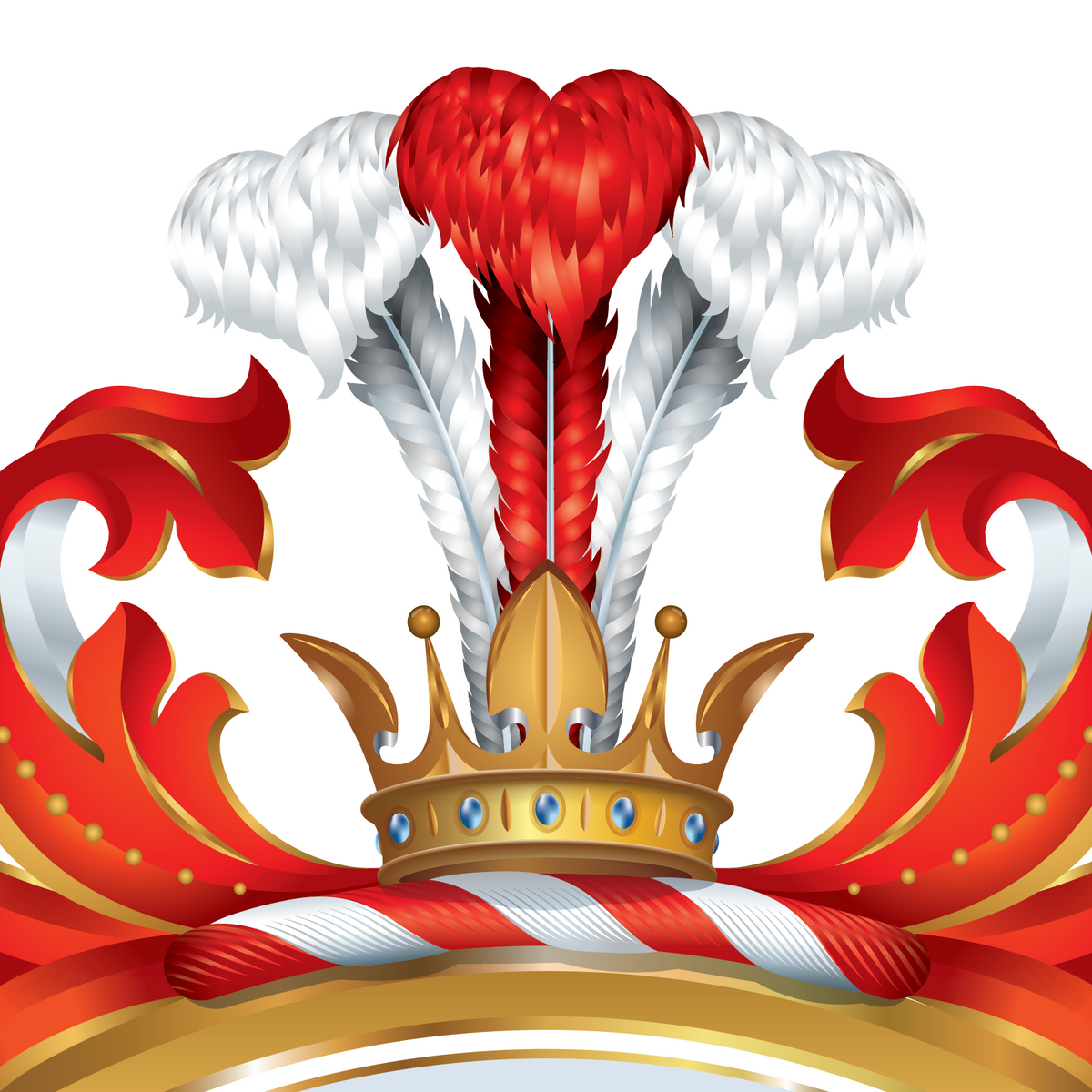 A closeup of the Rivera Family Crest showing a heraldic crown emblem with a red and white ostrich feathers, red and gold scrollwork, and a gold crown on a white background.
