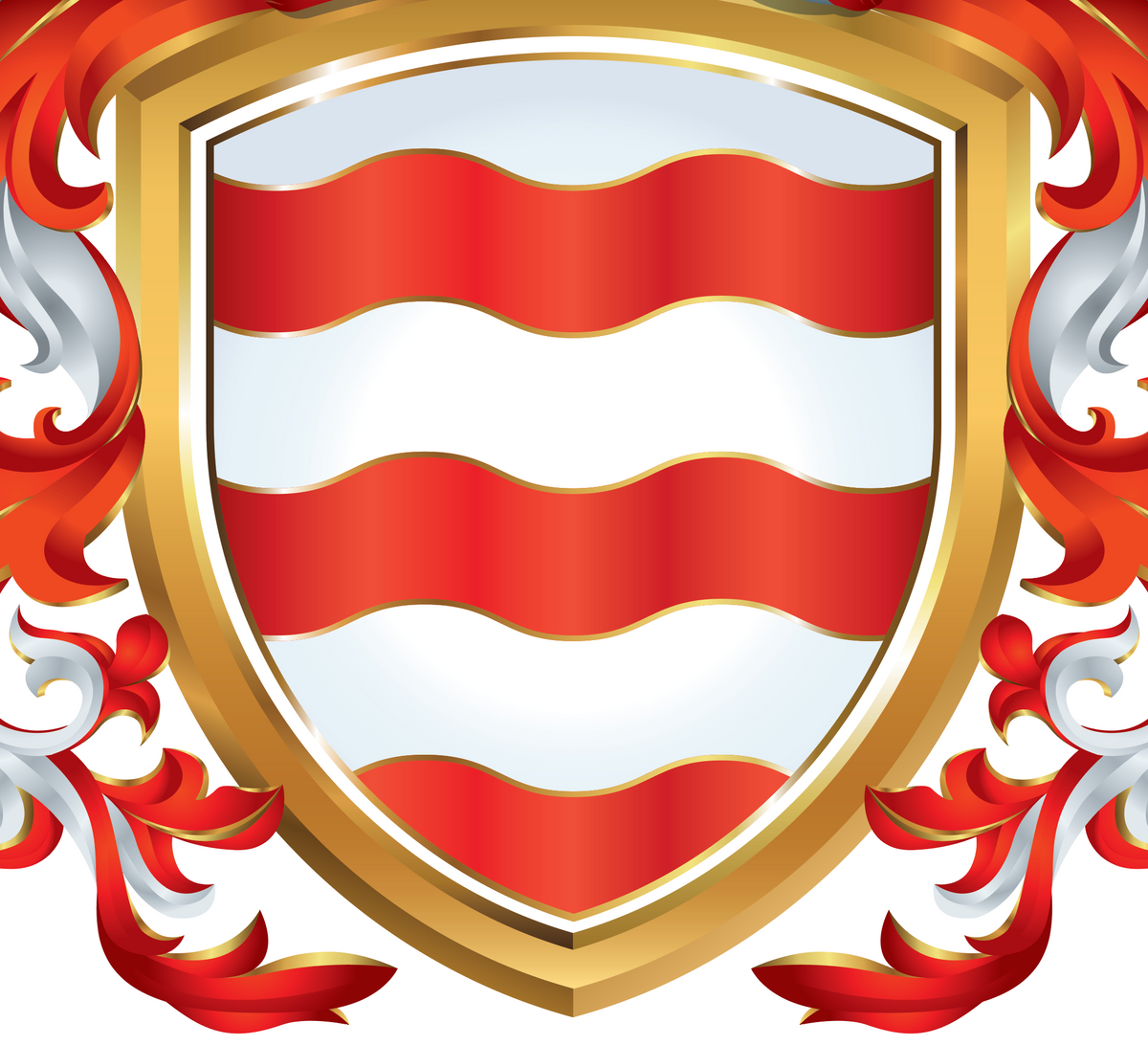 A closeup of the Rivera Family Crest showing a heraldic shield featuring three horizontal wavy red and white stripes, enclosed in a gold border, with red and white scrollwork flourishes on either side.