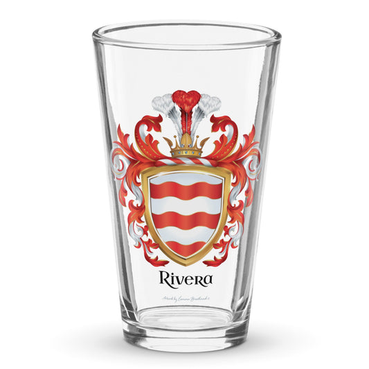 A classi pint beer glass with the Rivera Family Crest featuring 3 wavy red bands on a white shield