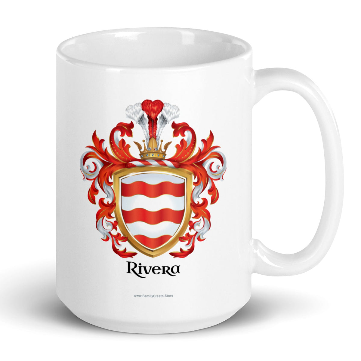 A white mug on a white background with the Rivera Family Crest featuring a white shield with 3 flowing red bars