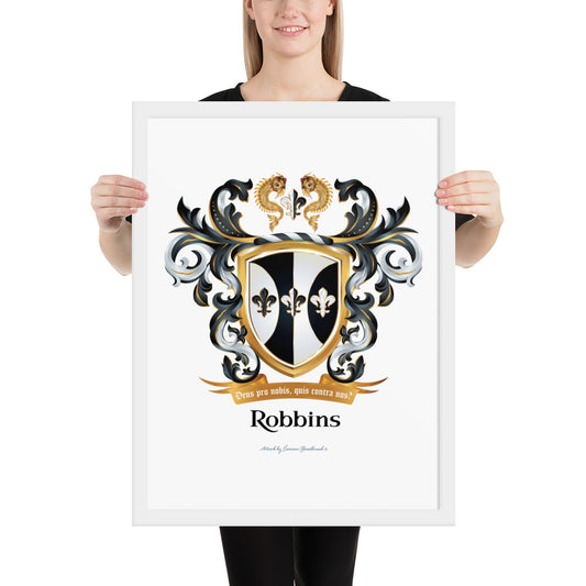 A woman holding a framed print of the Robbins family crest