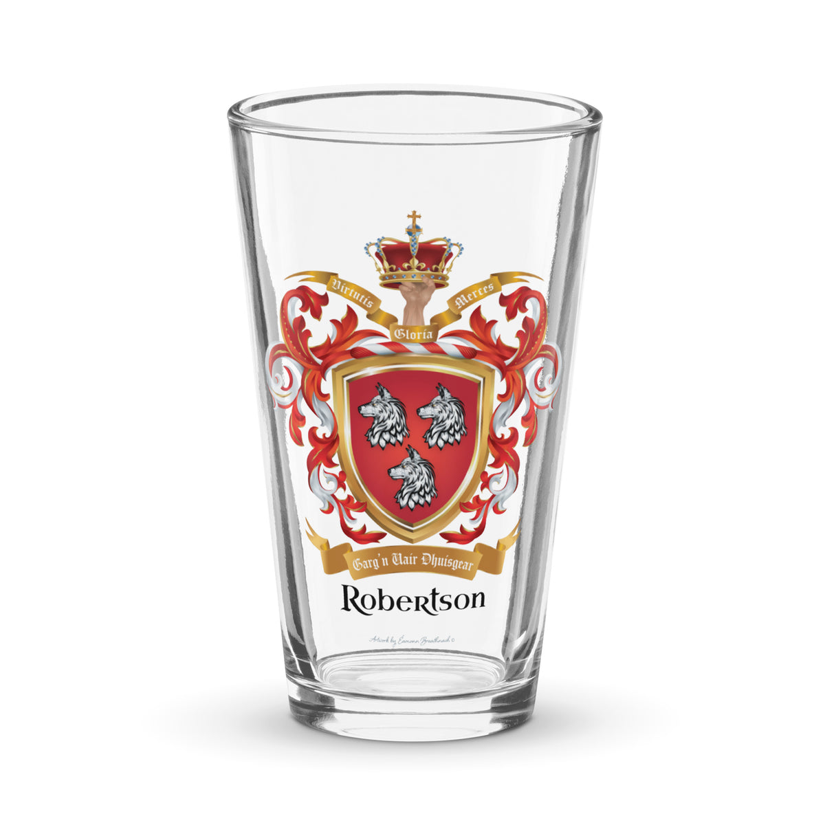 Robertson Family Crest beer glass on white background