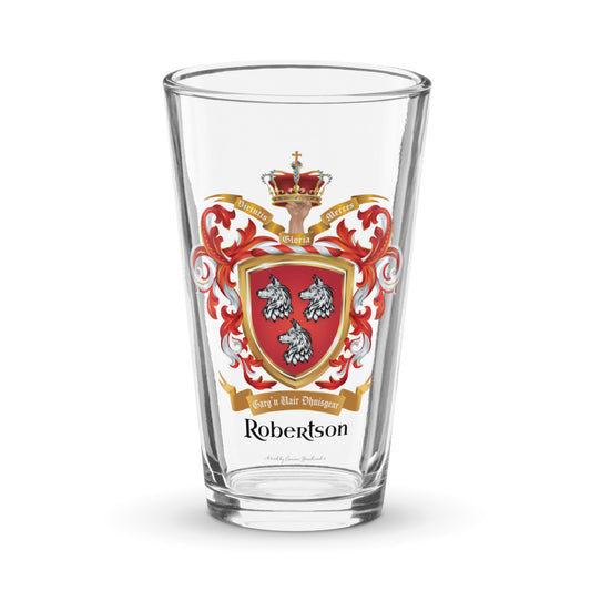 Robertson Family Crest beer glass on white background