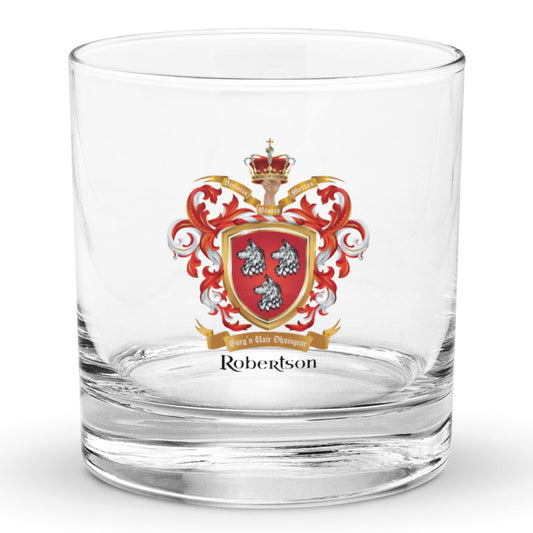 Robertson Family Crest rocks glass on white background