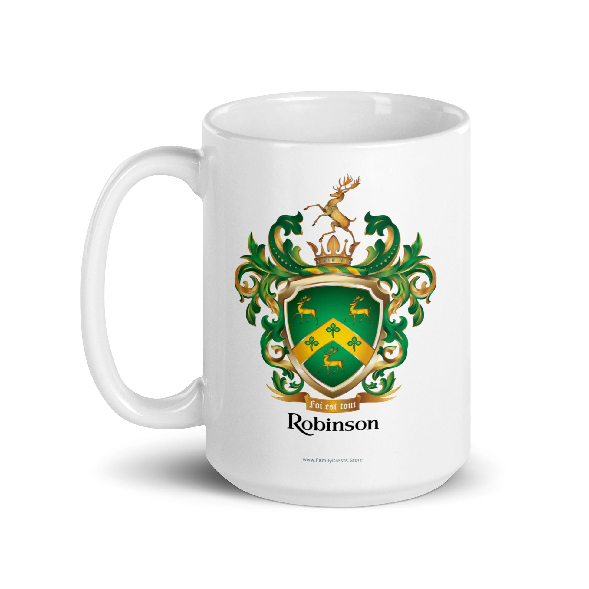  White mug with hande on left with the Robinson Family Crest printed on it against a white background 