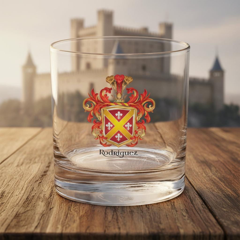 Clear glass with a colorful coat of arms design and 'Rodriguez' text on a table with a castle in the background
