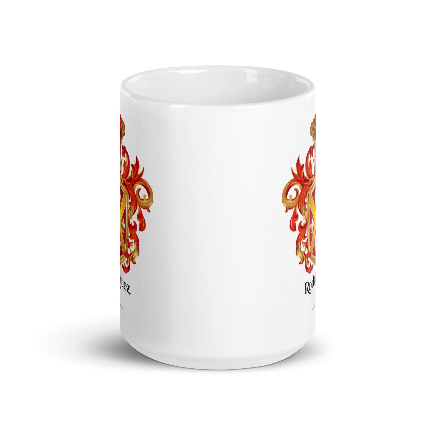 Rodriguez Family Crests showinf both sides of a whit mug