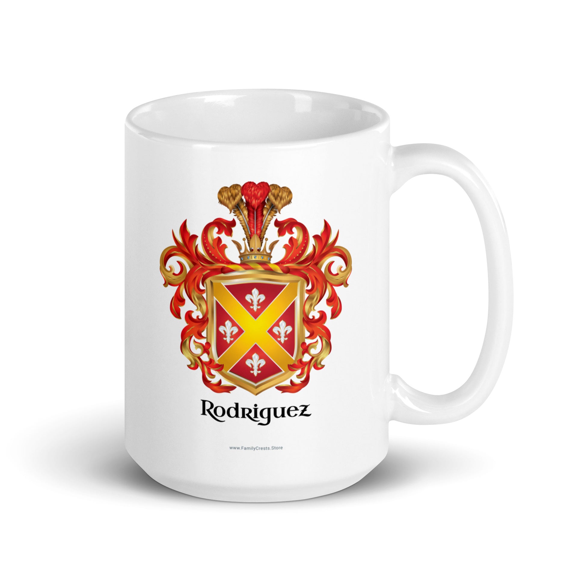 Rodriguez Family Crests with a gold cross and fleur-de-lys on a red shield