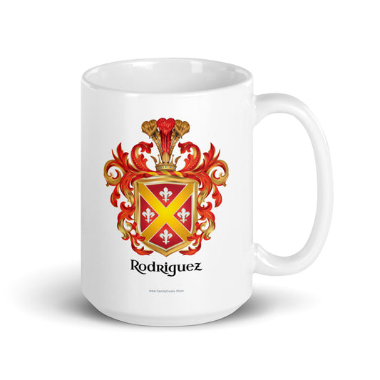 Rodriguez Family Crests with a gold cross and fleur-de-lys on a red shield