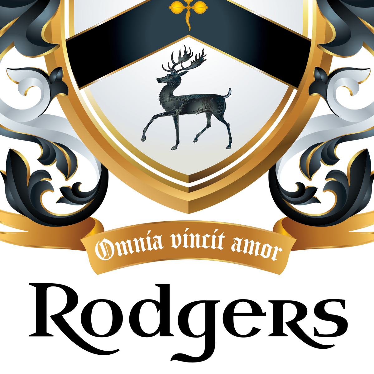 A close-up of the lower half of the Rodgers Family Crest with a white shield, black & white, black stag, a gold motto banner reading 'Omnia vincit amor,' and the name 'Rodgers' below in elegant heraldic lettering on a white background.