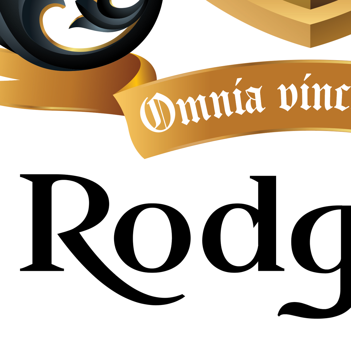 A close-up of the Rodgers Family Crest featuring the typography with part a the gold motto banner banner showing white Gothic lettering and below it a section of the elegant heraldic black lettering of the name Rodgers, on a white background.