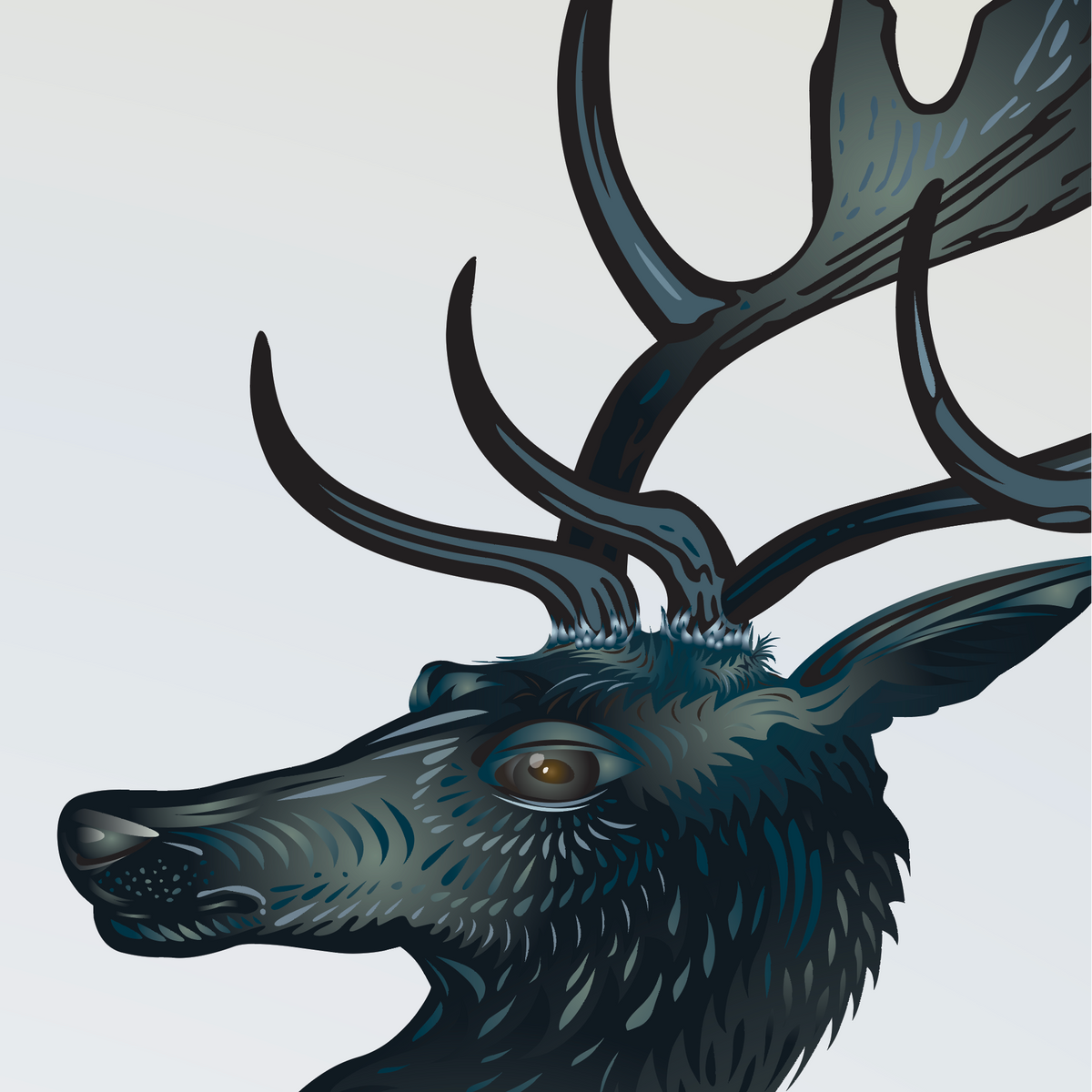 A detailed close-up of the Rodgers Family Crest showing a stag's head in profile with large antlers.