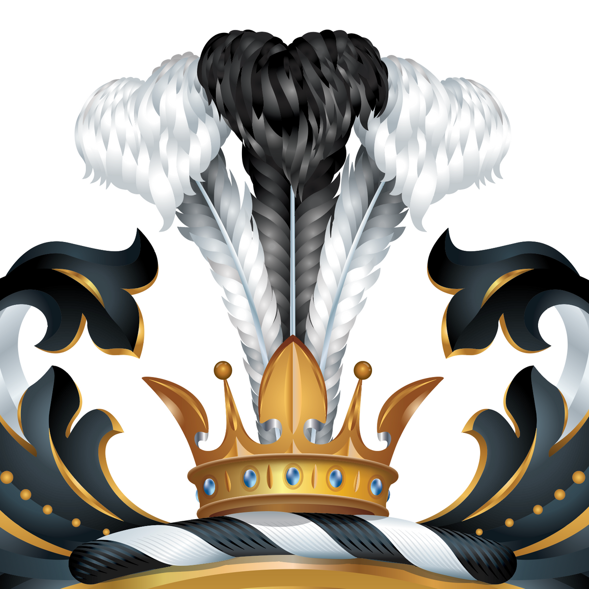A detailed close-up of the Rodgers Family Crest featuring a gold crown sitting on a black and white cushion, black and white ostrich feathers, and ornate black mantling with gold accents on a white background.