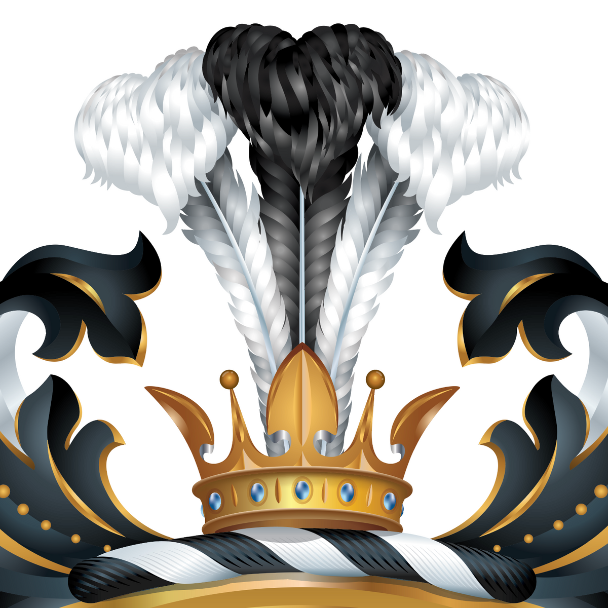 A close-up of the Rodgers Family Crest featuring a gold crown with black and white feathers, and ornate black scrollwork with gold accents on a white background.