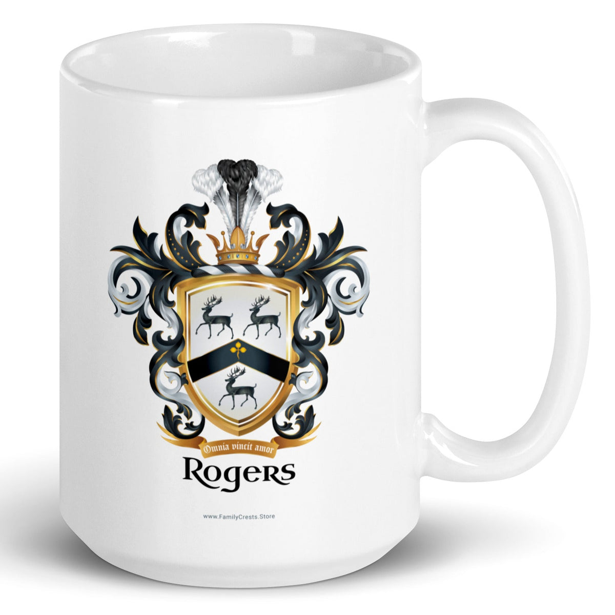 A white mug with handle to right, on a white background, printed with the Rogers Family Crest which features 3 black stags and a black chevron on a white shield.