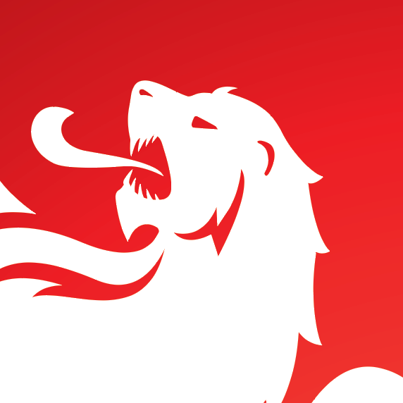 Detailed closeup from Ross Family Crest of a white lion head on a red background