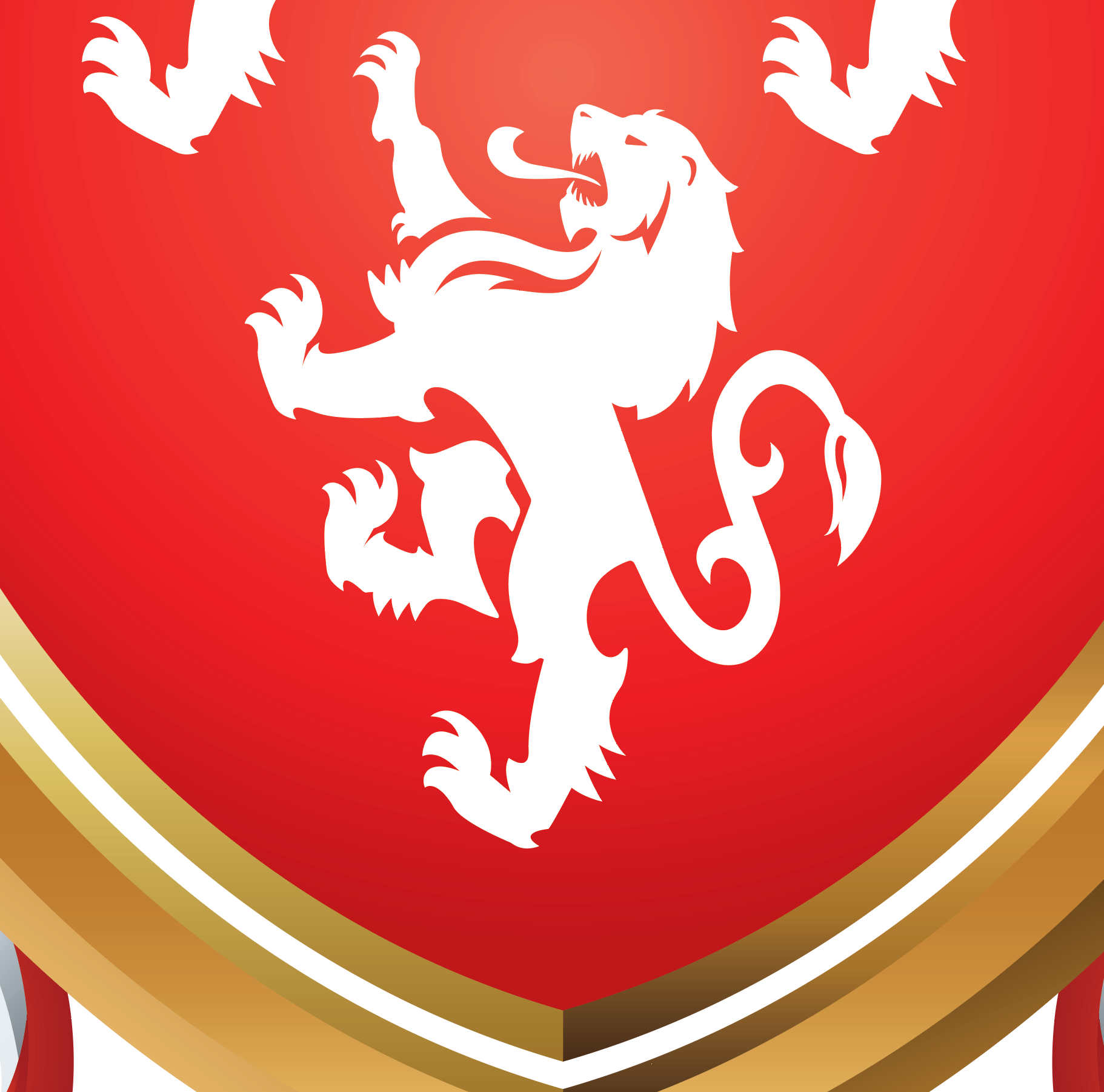 Detailed closeup from Ross Family Crest of a white lion on a red shield with gold border 