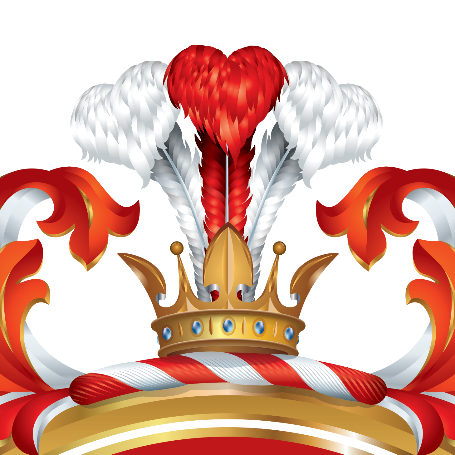 Decorative emblem with a gold crown and red and white feathers on crest of shield on a white background
